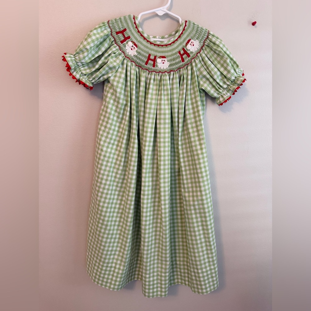 Delaney Green Gingham Smocked Santa Dress